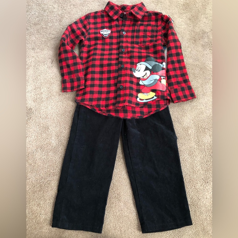 Disney Red and Black Plaid Mickey Kids pant and shirt outfit sz 3T